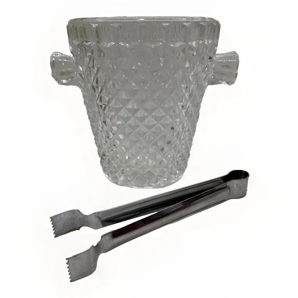 Vintage Crystal Cut Glass Ice Bucket with Tongs Anchor Hocking Wexford Pattern
